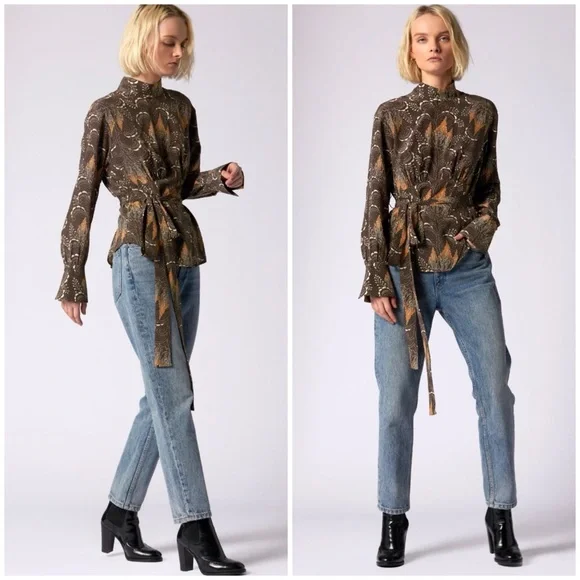 EQUIPMENT Brown Long Sleeve Tie Waist Silk Top Size 12 - Picture 3 of 13